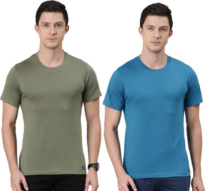RUPA JON Solid Men Crew Neck Brown, Blue T-Shirt
