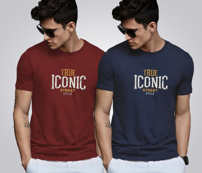 Reya Printed Men Round Neck Maroon, Blue T-Shirt