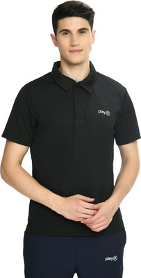 playR Solid Men Polo Neck Black T-Shirt