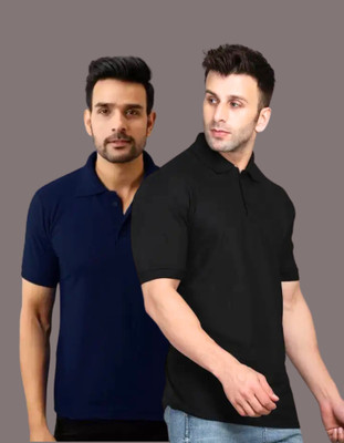 URBANICE Solid Men Polo Neck Black, Navy Blue T-Shirt