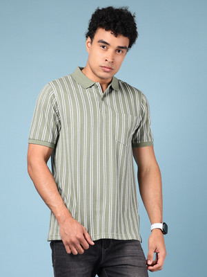 V-MART Striped Men Polo Neck Green T-Shirt