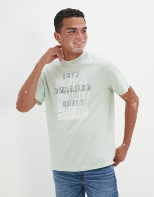 American Eagle Printed, Typography Men Round Neck Green T-Shirt