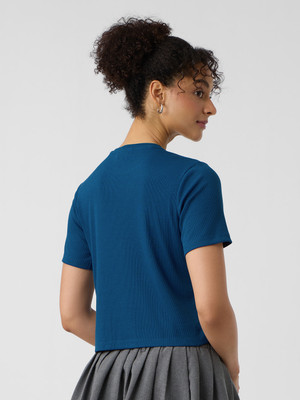 The Souled Store Solid Women Round Neck Blue T-Shirt