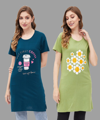 Christy World Graphic Print, Floral Print Women Round Neck Blue, Green T-Shirt