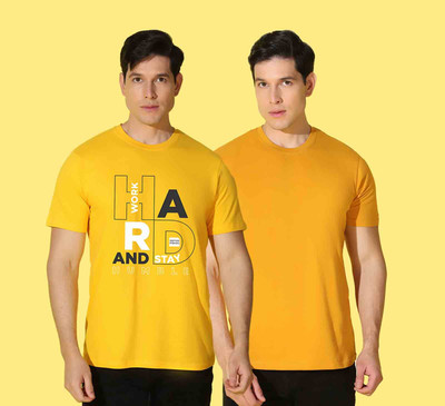 WOOSTRO Printed Men Round Neck Yellow T-Shirt