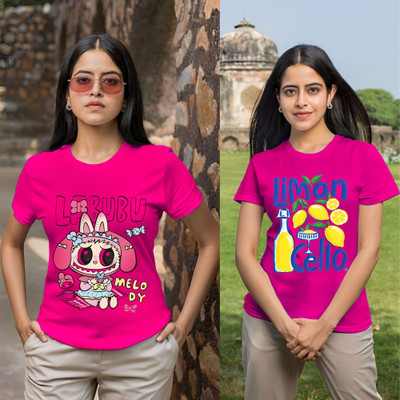 Kasendra Printed Women Round Neck Pink T-Shirt