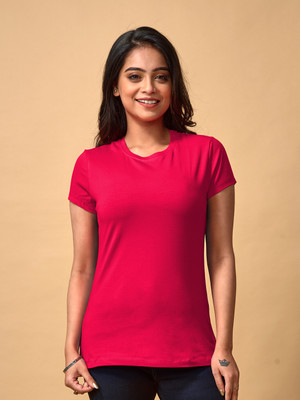 Lyra Solid Women Round Neck Pink T-Shirt