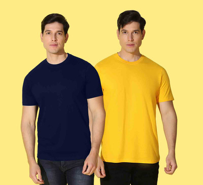 WOOSTRO Solid, Typography Men Round Neck Black, Yellow T-Shirt