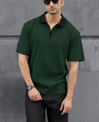 AZIZANFASHION Solid Men Polo Neck Green T-Shirt