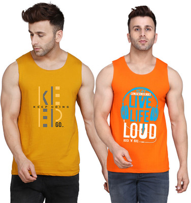 SLOWLORIS Printed Men Scoop Neck Orange, Yellow, White T-Shirt