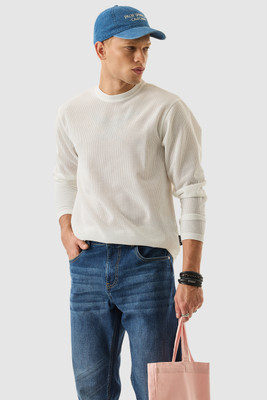Snitch Self Design Men Crew Neck White T-Shirt