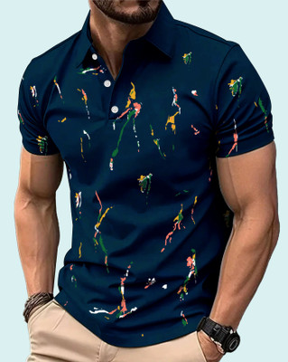 AUSK Printed Men Polo Neck Blue T-Shirt