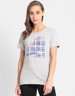 JOCKEY Typography, Checkered Women Round Neck Grey T-Shirt