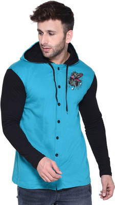 BEYOU FASHION Graphic Print Men Hooded Neck Black, Light Blue T-Shirt