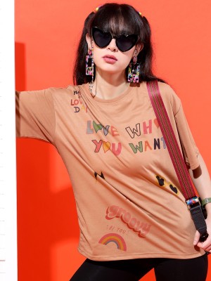 Tokyo Talkies Printed Women Round Neck Brown T-Shirt