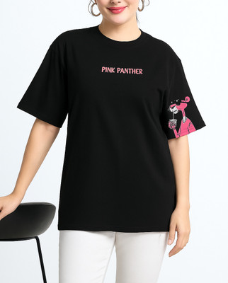 Brokee Cartoon, Graphic Print Women Round Neck Black T-Shirt