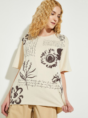 MAX Printed Women Round Neck Beige T-Shirt