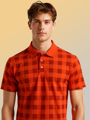 SZN Checkered Men Polo Neck Orange T-Shirt