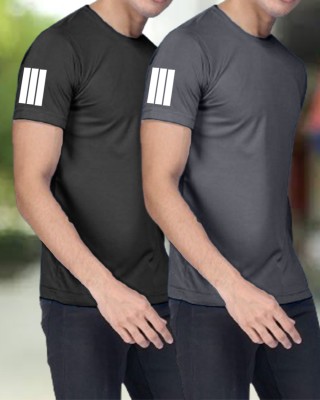 FastColors Solid Men Round Neck Grey, Black T-Shirt