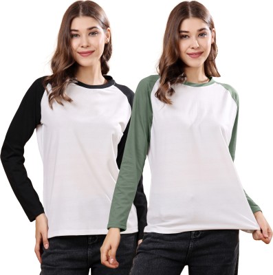 London Hills Solid Women Round Neck Black, Green T-Shirt