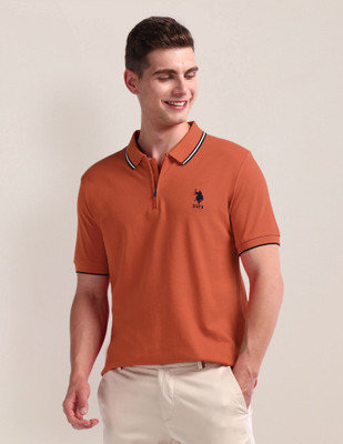 U.S. POLO ASSN. Striped Men Polo Neck Orange T-Shirt