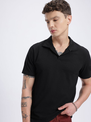 Glitchez Solid Men Polo Neck Black T-Shirt