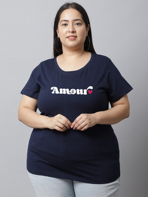 UnaOne Printed, Typography Women Round Neck Navy Blue T-Shirt