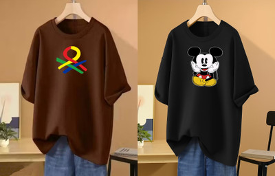 RAPTUROUS Printed Women Round Neck Brown, Black T-Shirt