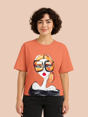 Hellcat Printed Women Round Neck Orange T-Shirt