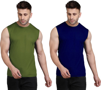UDI n ADI Solid Men Round Neck Green, Navy Blue T-Shirt