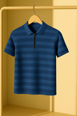 KASPY Striped Men Zip Neck Dark Blue T-Shirt