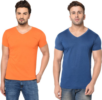 Tresna Trendy Solid Men V Neck Blue, Orange T-Shirt