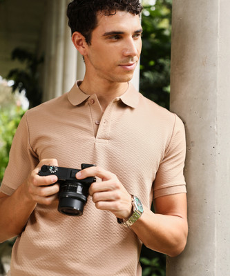 CAMPUS SUTRA Solid Men Polo Neck Beige T-Shirt