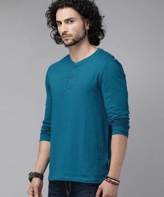 Roadster Solid Men Henley Neck Blue T-Shirt