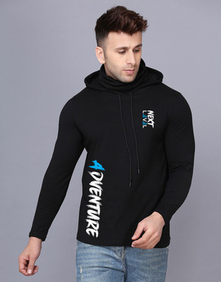 SLOWLORIS Typography Men Hooded Neck Black T-Shirt