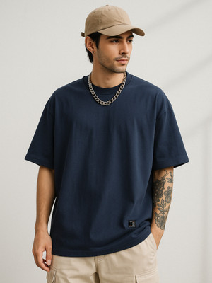 TOXA Solid Men Round Neck Dark Blue T-Shirt