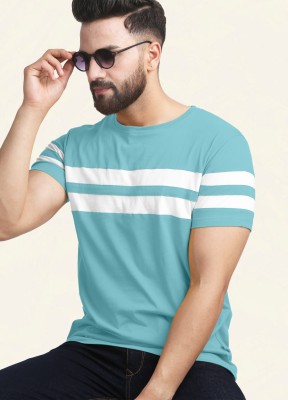 AUSK Striped Men Round Neck Light Blue, White T-Shirt