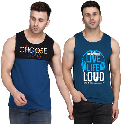 SLOWLORIS Printed Men Scoop Neck Dark Blue, Black T-Shirt