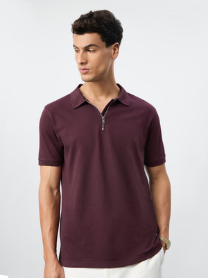 The Souled Store Solid Men Polo Neck Maroon T-Shirt