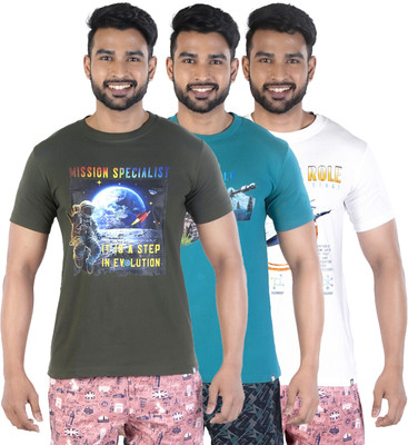COLORS by Rupa Frontline Printed Men Round Neck Dark Green, Green, White T-Shirt
