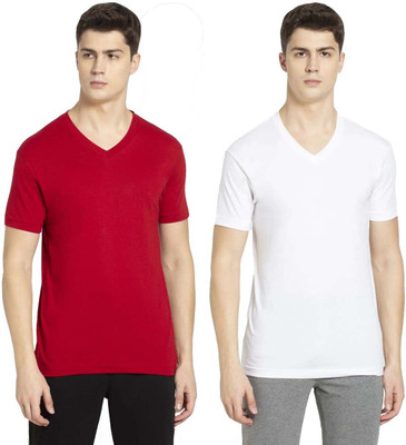 JOCKEY Solid Men V Neck Red, White T-Shirt
