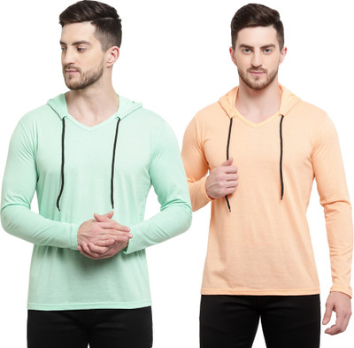 Tresna Trendy Solid Men Hooded Neck Beige, Light Green T-Shirt