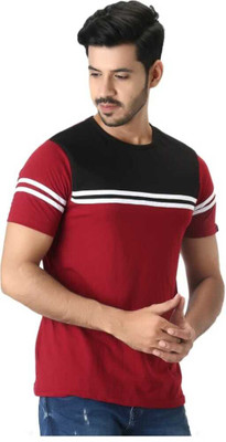 flora shine Striped Men Round Neck Maroon T-Shirt
