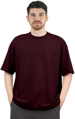 Wunderbars Solid Men Round Neck Maroon T-Shirt
