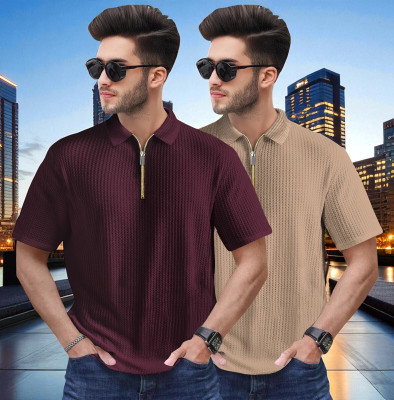 Emporium Self Design Men Polo Neck Maroon, Beige T-Shirt