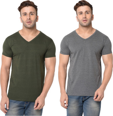 Tresna Trending Solid Men V Neck Dark Green, Grey T-Shirt