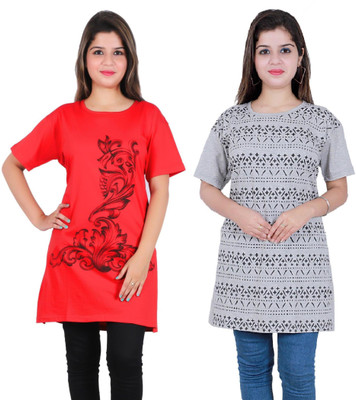 Vastr Printed Women Round Neck Red, Grey T-Shirt