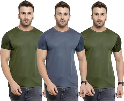 RIVAAZ Collections Solid Men Round Neck Dark Green, Grey T-Shirt