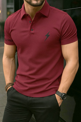 HilGar Printed Men Polo Neck Maroon T-Shirt