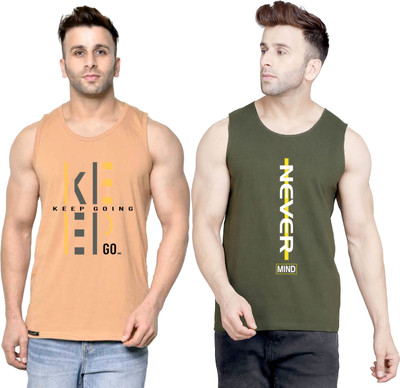 SLOWLORIS Printed Men Round Neck Beige, Dark Green T-Shirt